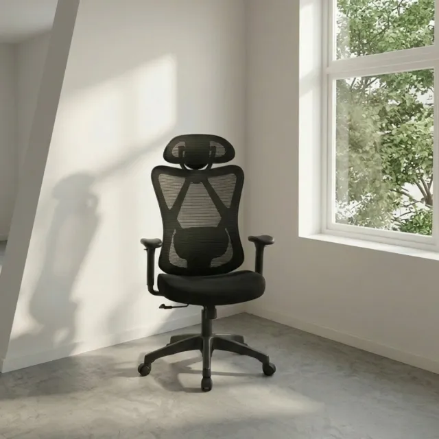 Bobbel Home Parya Home Ergonomische Bureaustoel – Verstelbare computerstoel met lendensteun en hoofdsteun, belastbaar tot 150 kg, in hoogte verstelbaar, zwart