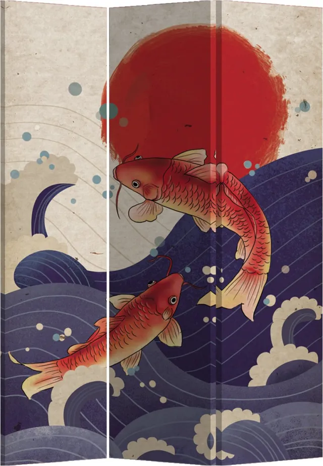 Fine Asianliving Japans Kamerscherm Scheidingswand B120xH180cm 3 Panelen Twee Koi Vissen multicolor