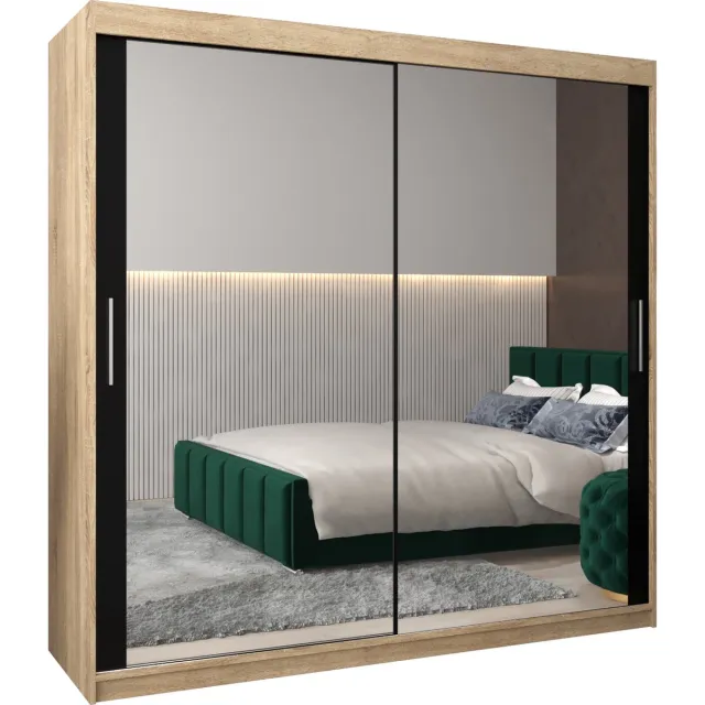 InspireME Kledingkast met 2 schuifdeuren, Modern-stijl, Kledingkast met planken (BxHxD): 200x200x62 - TORM III 200 Sonoma Eik + Zwart Mat met 4 lades