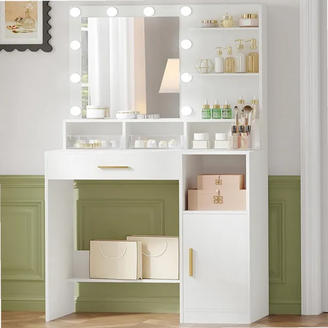 Sierra , Kaptafel met Spiegel en 10 Led Verlichting, met 3 Planken & 4 Open Compartimenten, Kaptafel met Grote Lade & Kast, 3 Verstelbare Lichtsterkte, WitVT08103X