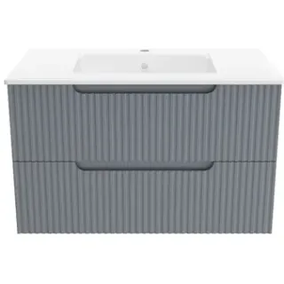 Aurlane Wastafelonderkast Emilien 50cm - Muizengrijs - Met 2 Lades - Met Mat Witte Wastafel, foto 2