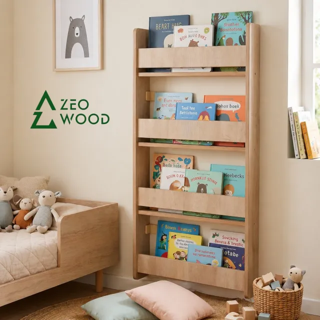 Zeo Wood Boekenkast Kind - Montessori Boekenrek 4 Niveaus Houtkleur