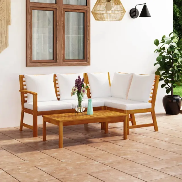 vidaXL 4-delige Loungeset met kussens massief acaciahout crème, foto 2