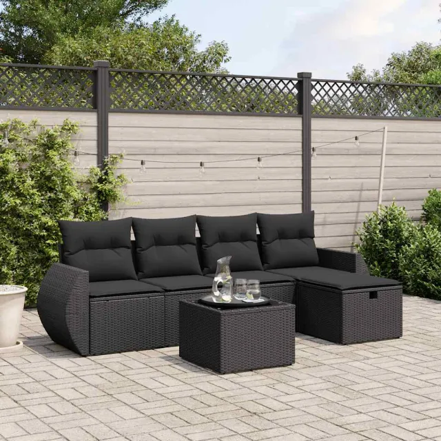vidaXL 6-delige Loungeset met kussens poly rattan zwart, foto 2
