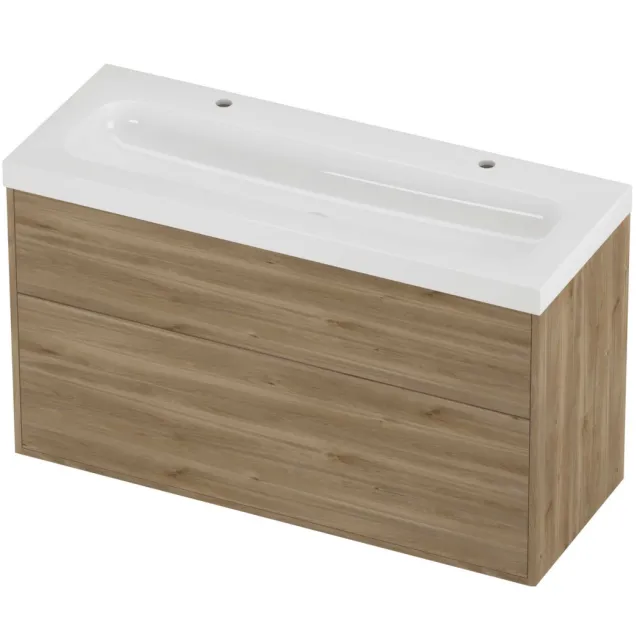 Proline Haga Badmeubelset Polystone Mezza 2 Kraangaten 120x46x73 cm Glans Wit Cider Oak Eiken