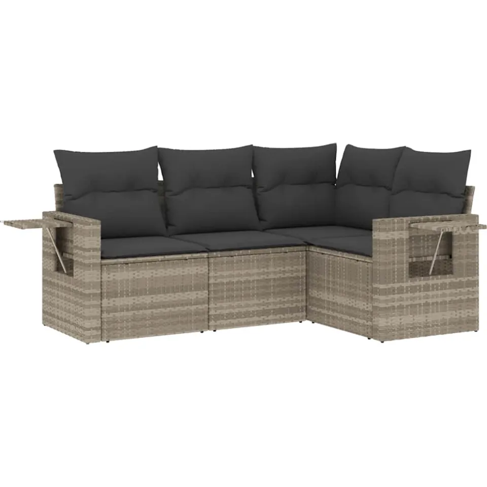 vidaXL 4-delige Loungeset met kussens poly rattan lichtgrijs grijs, foto 4