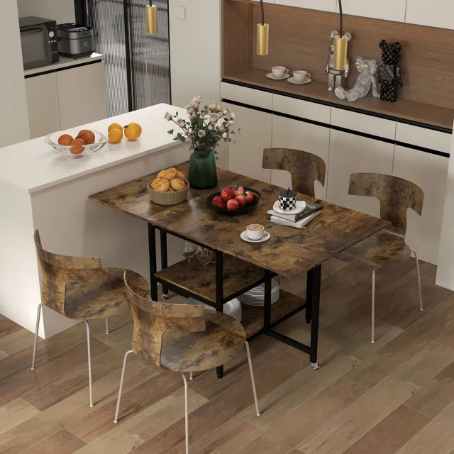 STILVORA Eettafel - Opklapbaar Met Rollen En Twee Opberglagen - Voor 2 Tot 6 Personen - Staal En Melamine Spaanplaat - Bruin - 140x80x75 Cm