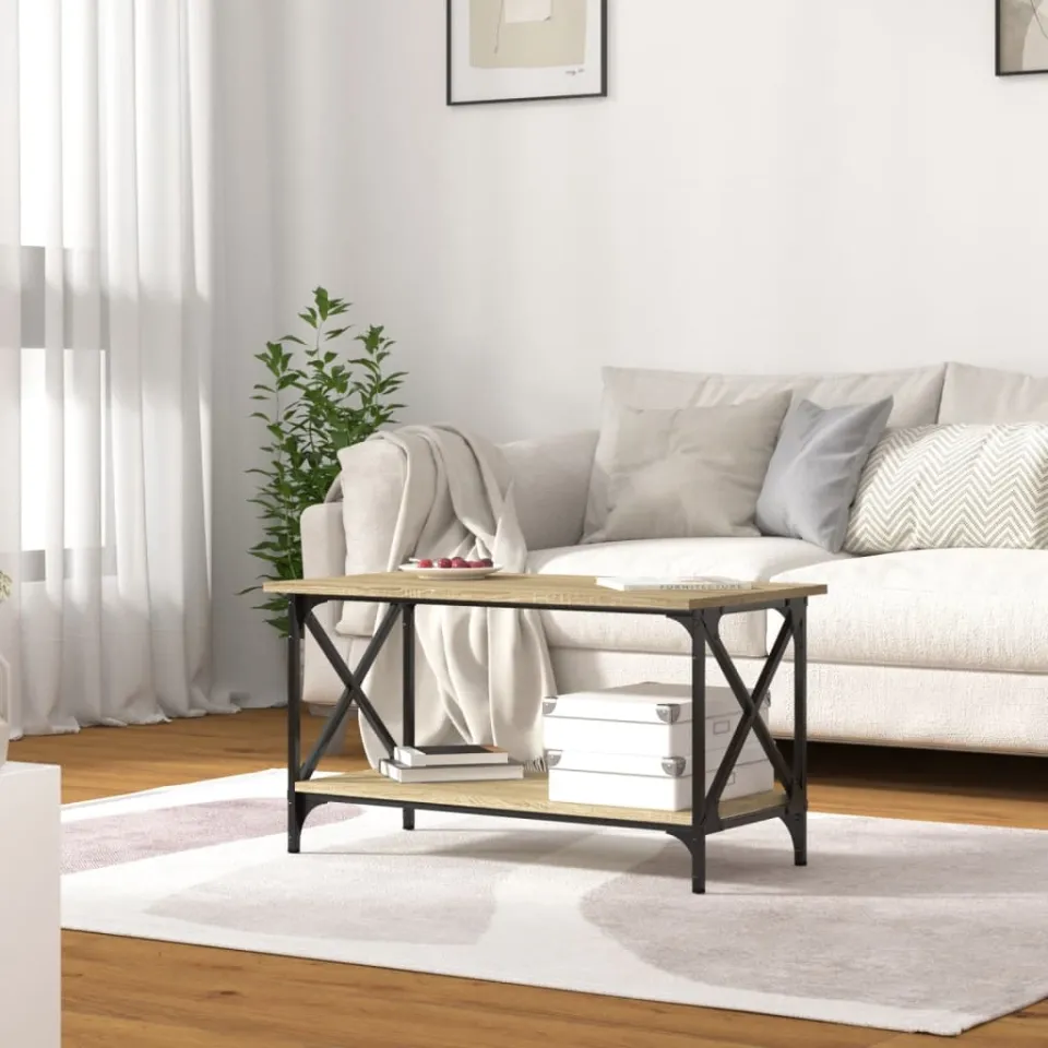 vidaXL Salontafel 80x45x45 cm bewerkt hout en ijzer sonoma eikenkleur, foto 2