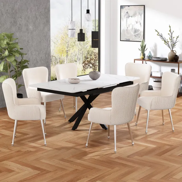 MODENUIT Eetkamerstoel 83 x 57 cm - Set van 6 met Armleuningen en Verstelbare Voetjes - Voor Eetkamer en Lounge - Velvet en Metaal - Beige