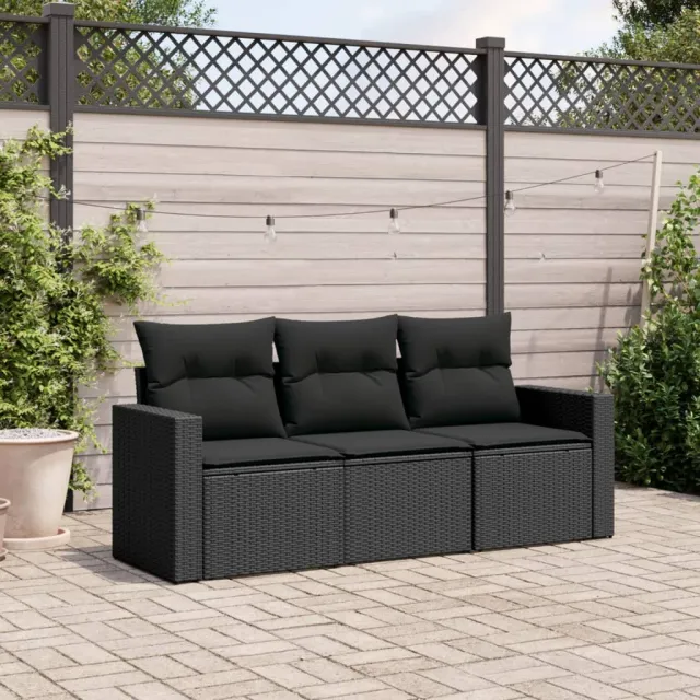 vidaXL 3-delige Loungeset met kussens poly rattan zwart, foto 2