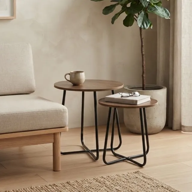 Fume Concept Bijzettafel set van 2 – Japandi Salontafel – Ronde Inlegtafel – Zwarte Metalen Poten – Scandi Woonstijl Bruin