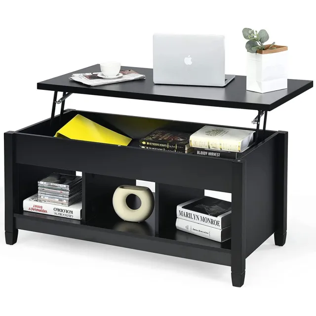 LUXGOODS® Salontafel met uitschuifbaar tafelblad, rechthoekige koffietafel met verborgen opbergruimte, 3 open schappen en massieve poten, multifunctioneel bijzettafel voor woonkamer, kantoor, eenvoudige montage (Zwart)