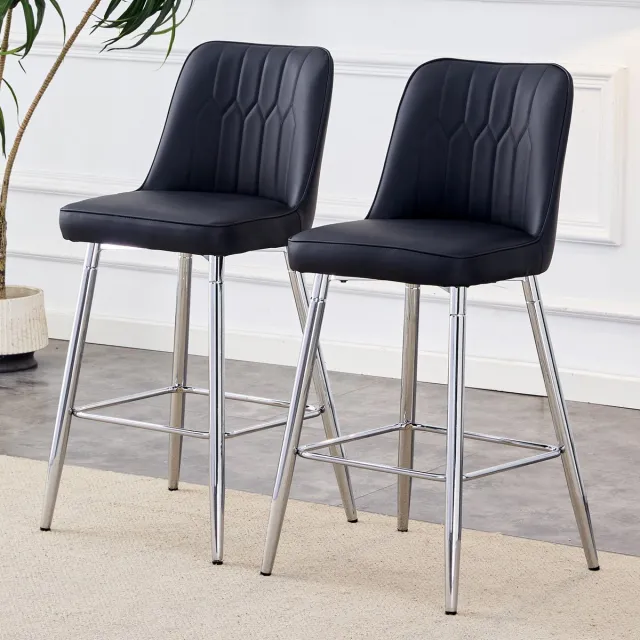 MEUNIQ barkruk set van 2, 100 cm hoog, met rugleuning en voetsteun, zwart PU-leer met zilverkleurig metaal voor keukenbar en huisbar Zwart/Zilver