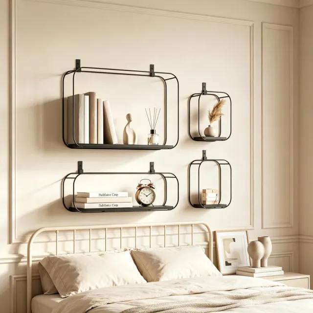REDOM Wandplanken set - 4-delig - Industrieel ontwerp - Wandmontage - MDF en metaal - Zwart - 43 x 12 x 32 cm
