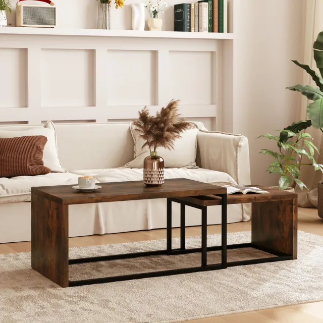 FloraGrace Salontafel Set van 2 - Rechthoekig Ruimtebesparend - voor Woonkamer en Slaapkamer - MDF en Metaal - Rustiek Bruin - 90x48x42 cm Rustic Brown