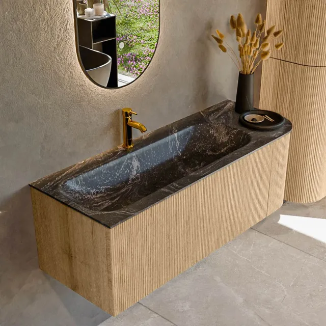 Mondiaz KURVE-DLUX 125 cm Onderkast Greeploos 1 Lade Met Deuren Oak, Wastafel Solid Surface Links Lava 1 Kraangat Zonder Spiegel (KRVBGM125R1L1D1KL-Oak/Lav)