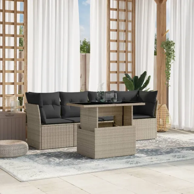 vidaXL 5-delige Loungeset met kussens poly rattan lichtgrijs grijs, foto 2