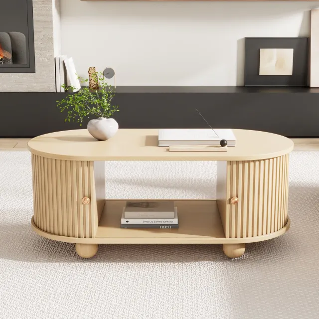 Wishdor Salontafel - Ovaal design - Opbergruimte met schuifdeuren en open vak - Modern - Woonkamer - Houtlook - Houtkleur - 100 x 50 x 40 cm