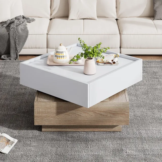 STILVORA Salontafel – Vierkant met Opbergkast, 360° Draaibare Bovenplaat, 60x60x38 cm, Spaanplaat, Onbehandeld
