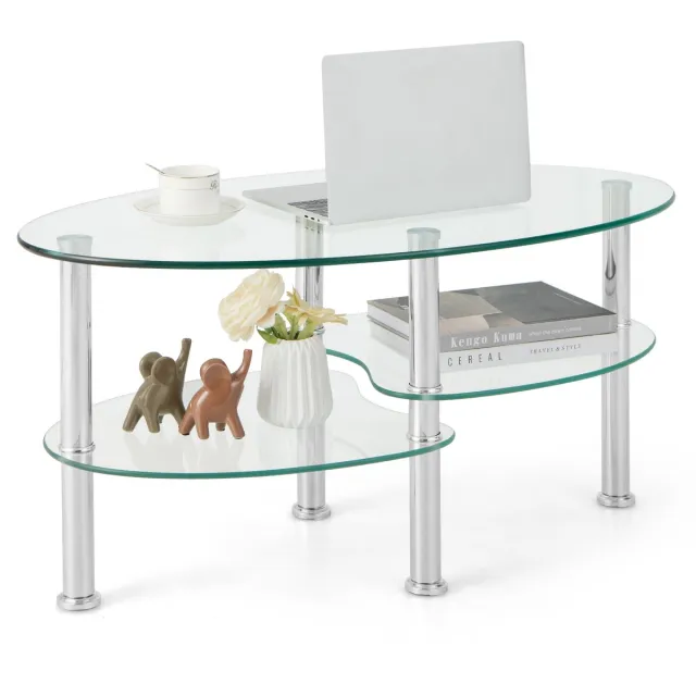 Costway Salontafel van glas, glazen tafel, ovaal, woonkamertafel met 2 planken, banktafel, koffietafel, bijzettafel voor woonkamer, 89 x 50 x 45 cm Transparant