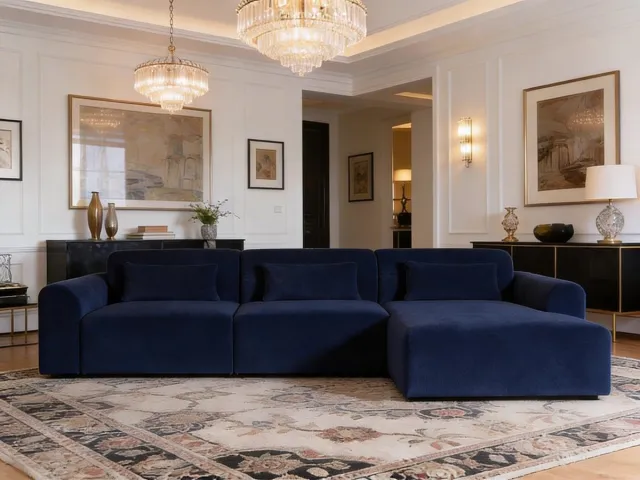 Koningstijl Valmont Lounge – Koningstijl – Navy Bouclé Hoekbank – Royale Chaise Longue – Inclusief Rugkussens – Luxe Loungebank voor Woonkamer Keuze uit meer dan 30+ kleuren