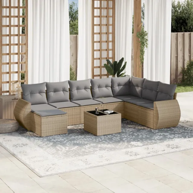 vidaXL 9-delige Loungeset met kussens poly rattan beige, foto 2