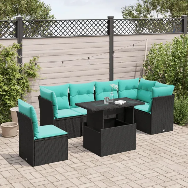 vidaXL 7-delige tuinbankset met kussens van zwart polyrotan, foto 2