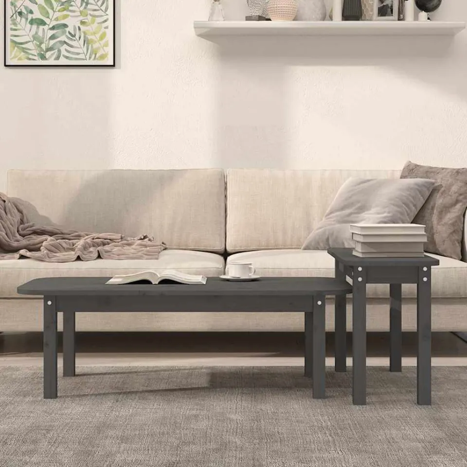vidaXL 2-delige Salontafelset massief grenenhout grijs, foto 3