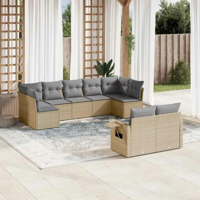 vidaXL 9-delige Loungeset met kussens poly rattan beige, foto 2
