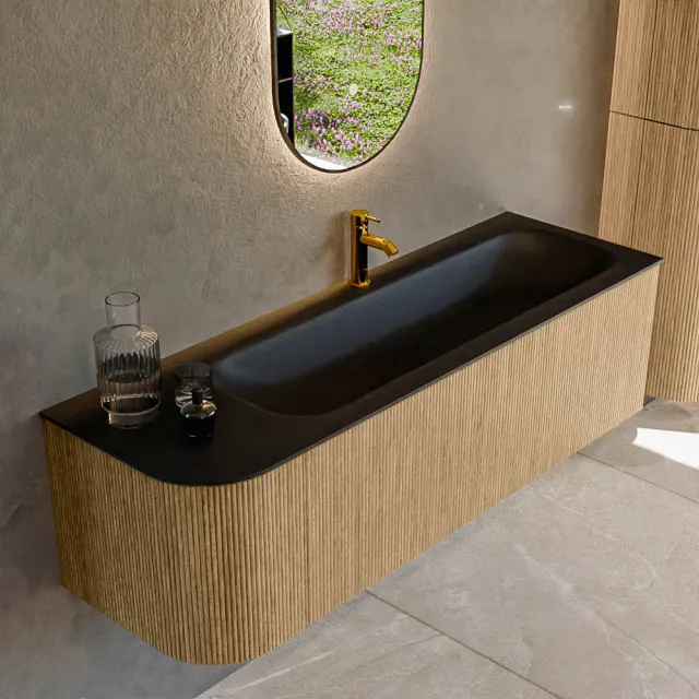 Mondiaz KURVE 145 cm Onderkast Greeploos 1 Lade Met Deuren Oak, Wastafel Solid Surface Rechts Urban 1 Kraangat Zonder Spiegel (KRVBGL145L1L1D1KR-Oak/Urb)