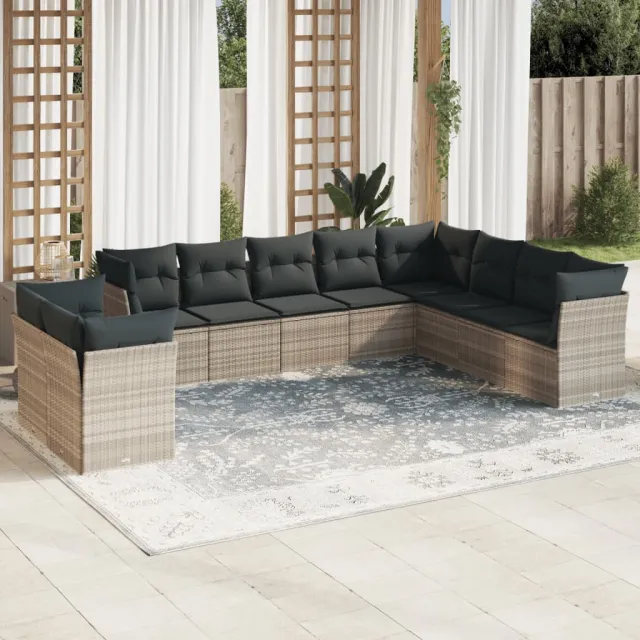 vidaXL 10-delige Loungeset met kussens poly rattan lichtgrijs grijs, foto 2