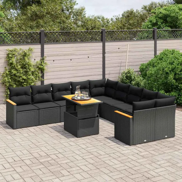 vidaXL 11-delige Loungeset met kussens poly rattan zwart, foto 2