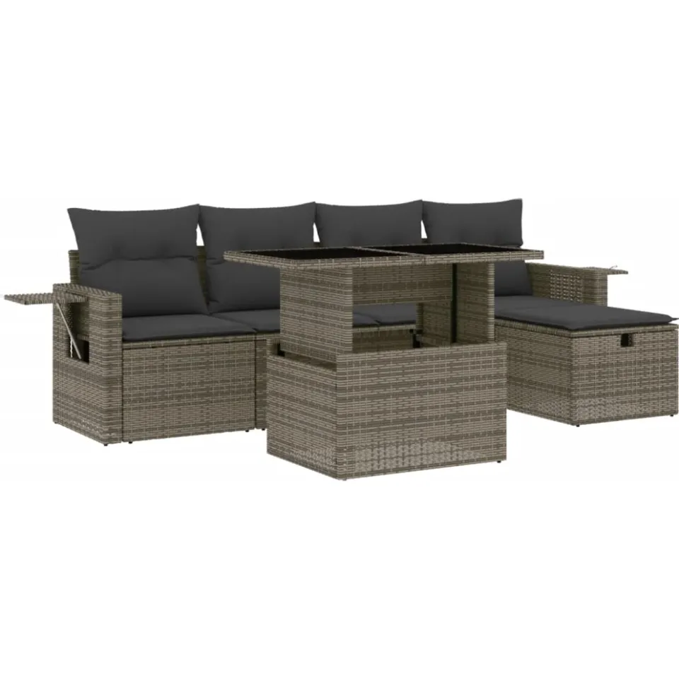 vidaXL 6-delige Loungeset met kussens poly rattan grijs, foto 3