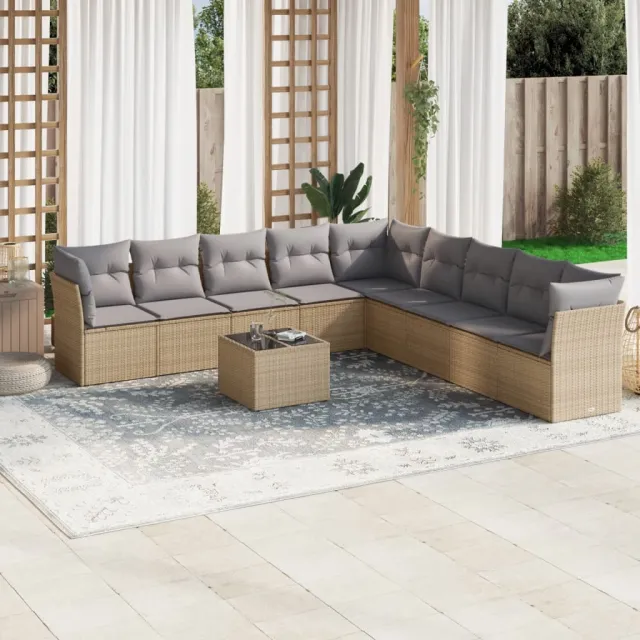 vidaXL 10-delige Loungeset met kussens poly rattan beige, foto 2