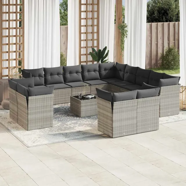 vidaXL 14-delige Loungeset met kussens poly rattan lichtgrijs
