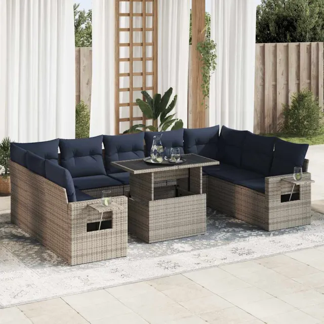 vidaXL 10-delige Loungeset met kussens poly rattan acacia grijs, foto 2