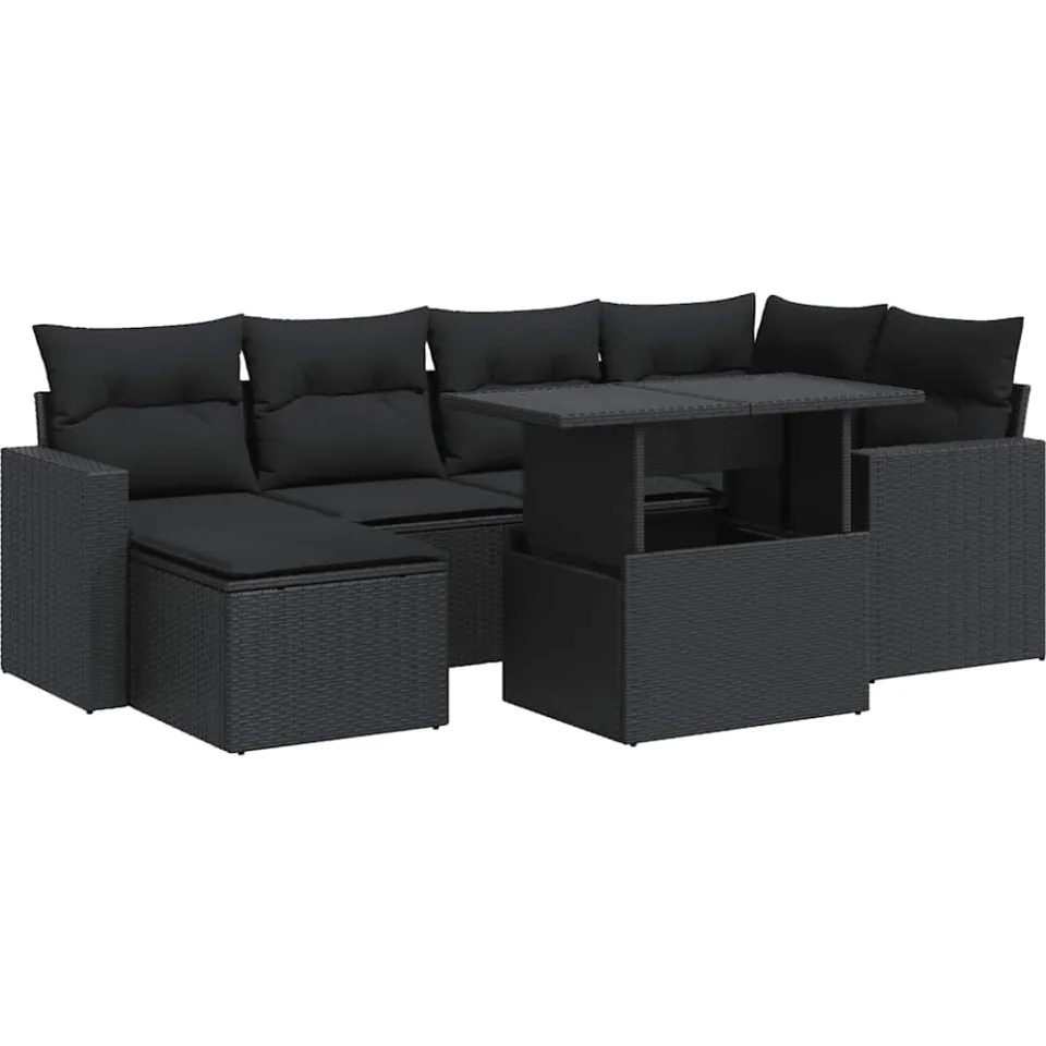 vidaXL 7-delige Loungeset met kussens poly rattan zwart, foto 3