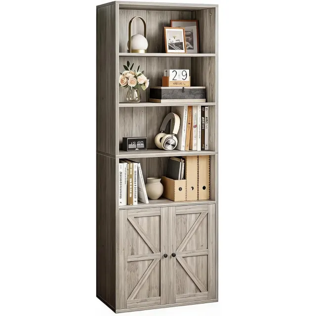 HOERFURIY Hoge boekenkast grijs 181 x 30 cm, landelijk industrieel model met deuren, 6 multifunctionele houten planken voor opberg en decoratie