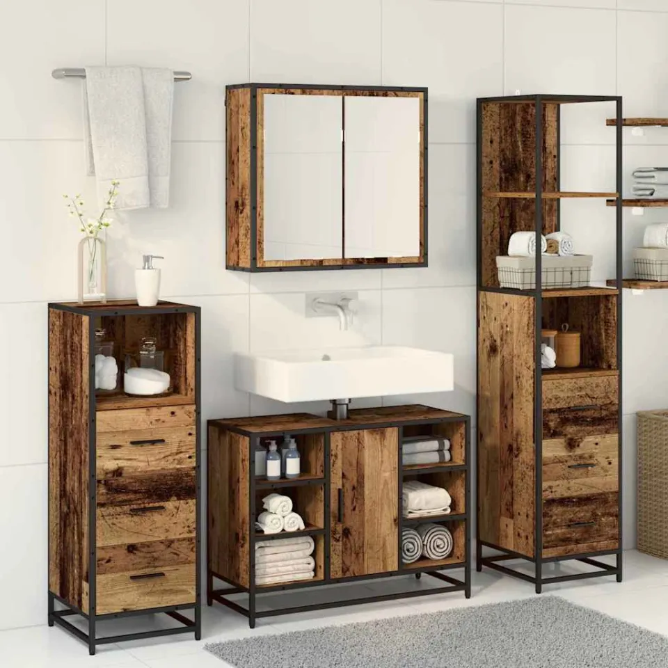 vidaXL Badkamermeubelset 3 st Oud Hout 80 x 33 x 60 cm Bewerkt hout bruin, foto 3