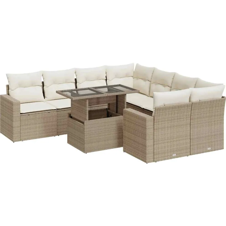 vidaXL 9-delige Loungeset met kussens poly rattan beige, foto 3