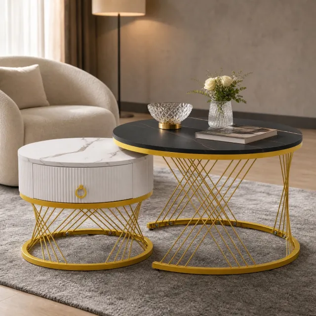 Maisentiel 2-delige salontafelset 70 x 70 cm - MDF, marmerlook, lade, zwart/wit/goud