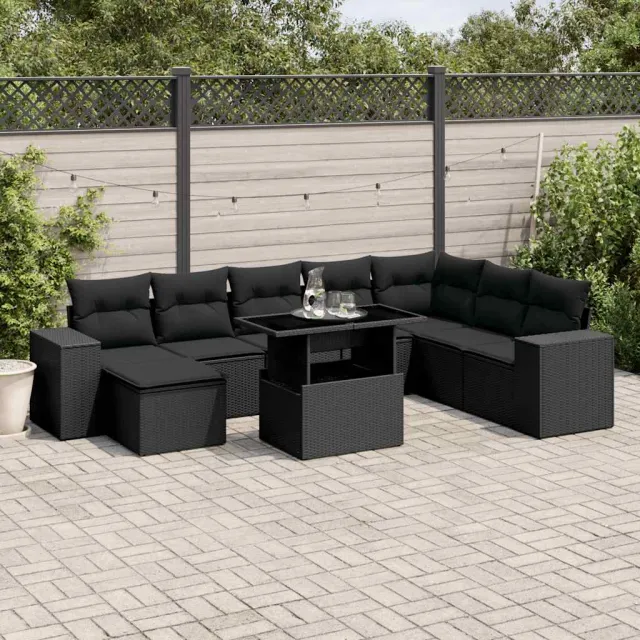 vidaXL 9-delige Loungeset met kussens poly rattan zwart, foto 2