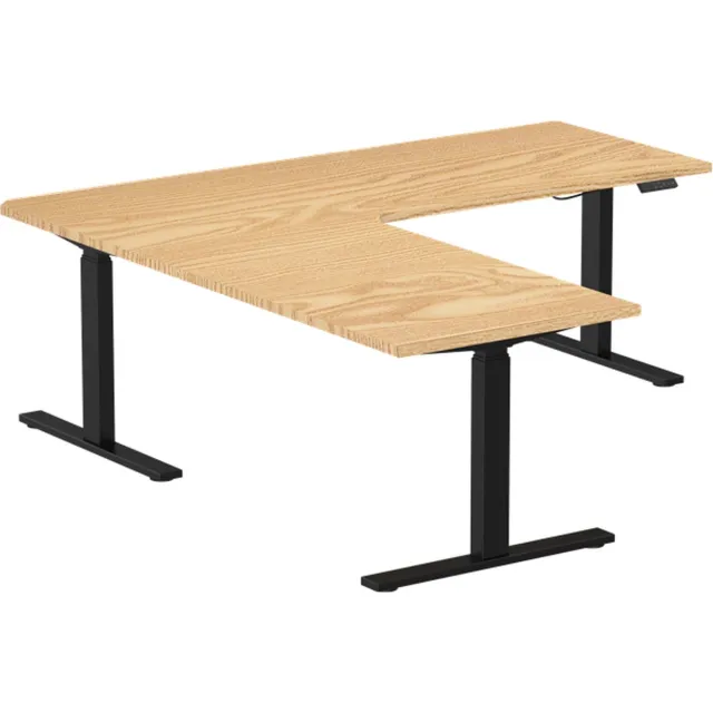 Betaalbarewerkplek Zit sta bureau elektrisch verstelbaar hoekbureau | 180x160x70 cm | frame zwart - blad licht eiken | Memory bediening Zwart (9005)