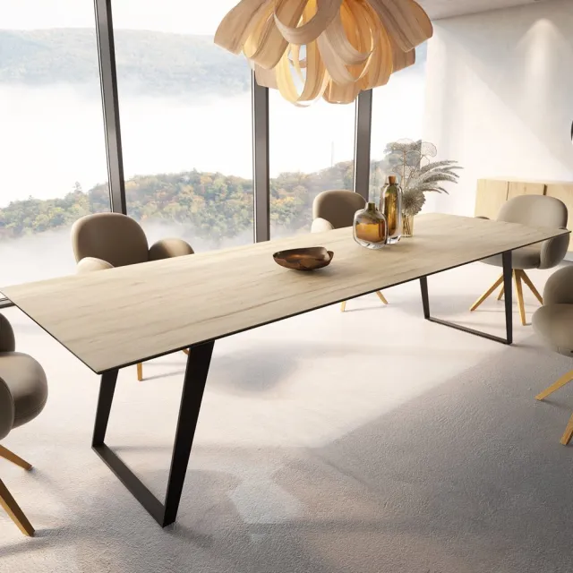 DELIFE Eetkamertafel Edge keramiek Laminam® Sabbia eiken kleur 300x100 metaal schuin zwart Eichefarbig
