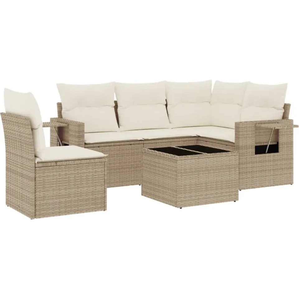 vidaXL 6-delige Loungeset met kussens poly rattan beige