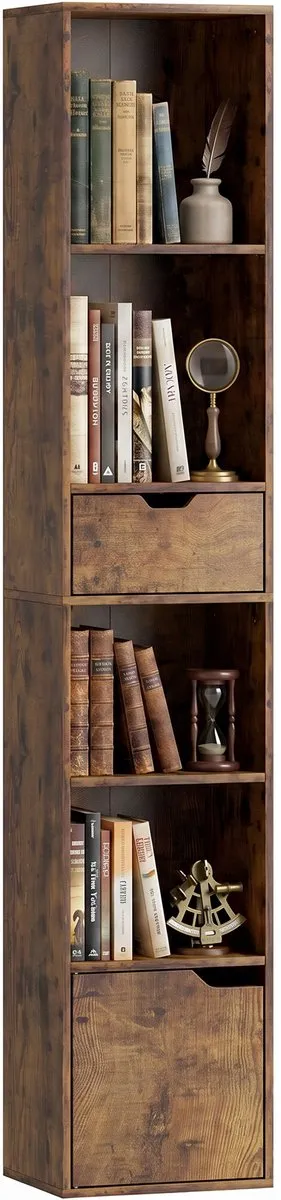 ECTEATOY Boekenkast - Kast met 6 niveaus - verstelbare plank - lade en kastdeur - opbergkast - bruin