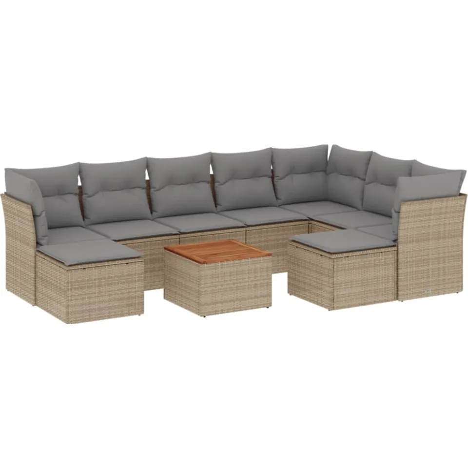 vidaXL 10-delige Loungeset met kussens poly rattan beige