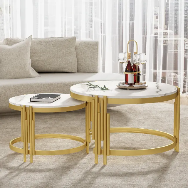 Maisentiel Nestbare salontafelset 2-delig – Ø 71,5 cm – marmerlook MDF – wit/goud