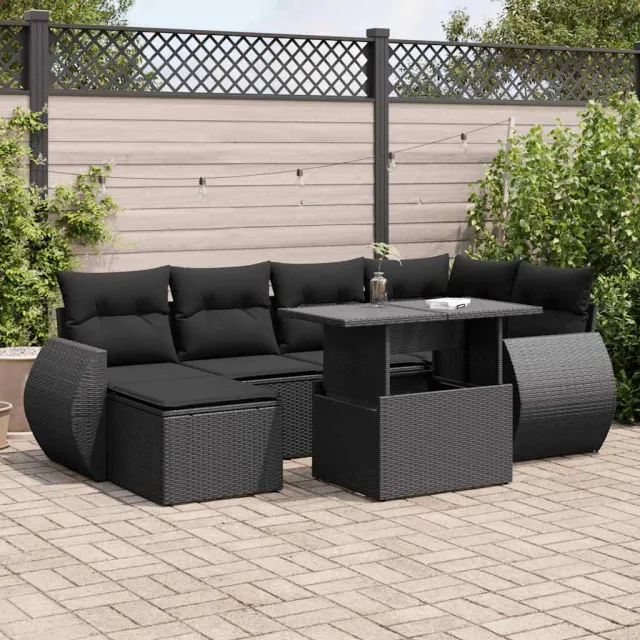 vidaXL 7-delige Loungeset met kussens poly rattan zwart, foto 2