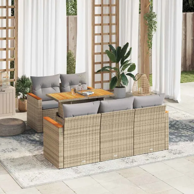 vidaXL 6-delige Loungeset met kussens poly rattan acacia beige, foto 2